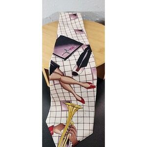 80s Je Suis Jazz Lady Geometric Multicolored White Textured Silk Pointed Tie USA